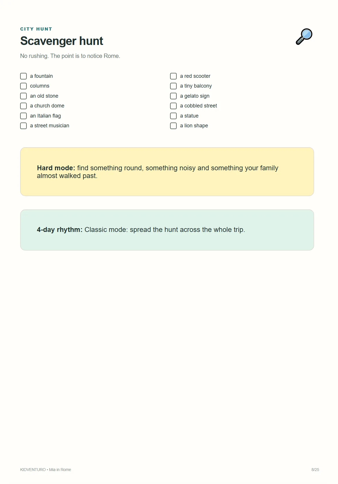 Rome scavenger hunt page, personalized sample